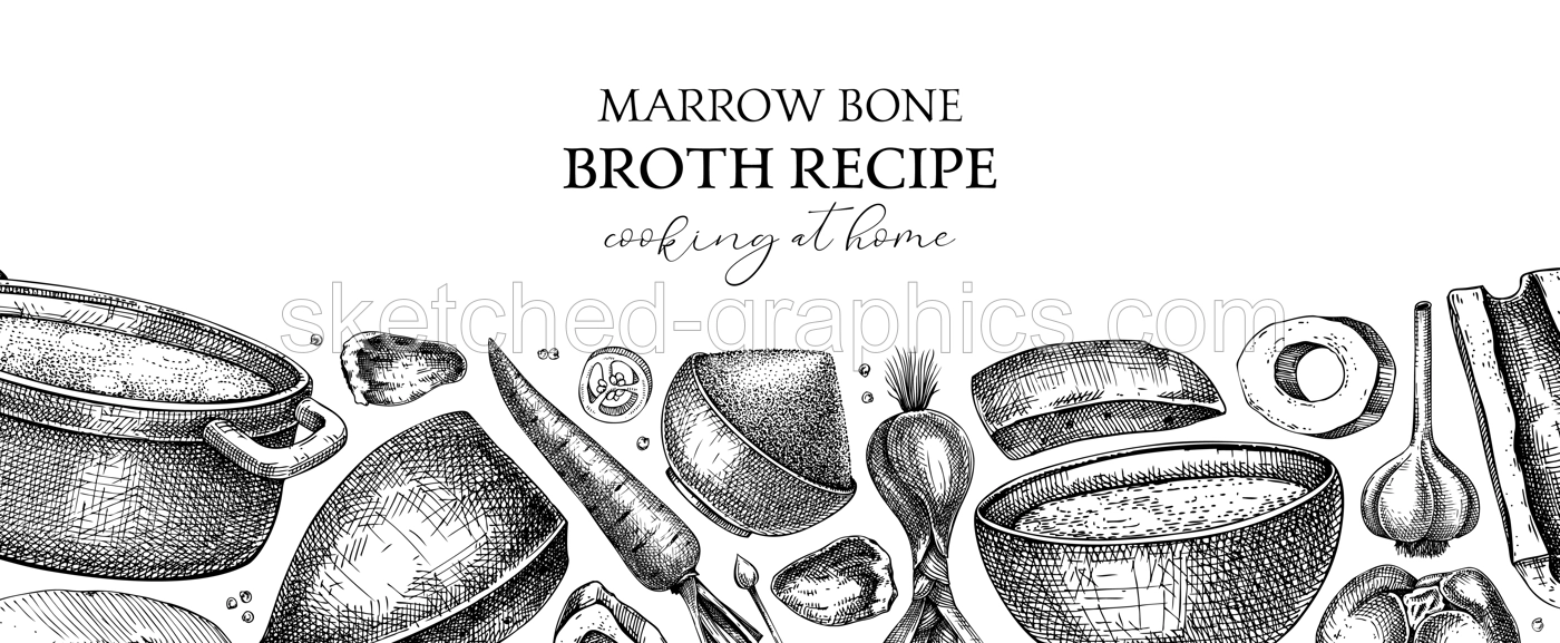 Healthy food background. Marrow bone broth banner. Hot soup served on plates, pans, bowls, organ meat, vegetables, marrow bones sketches. Hand-drawn vector illustrations. Homemade food ingredients Illustration